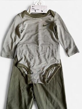 Nike Olive Green & White Striped Baby Bodysuit Set